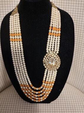 Pearl and Orange Bead Multi-Strand Statement Necklace with Gold Accent